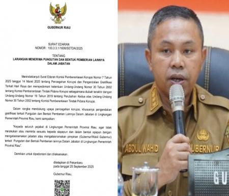 Gubri Abdul Wahid terbitkan SE, pejabat dilarang terima imbalan dalam bentuk apapun (foto/ist)
